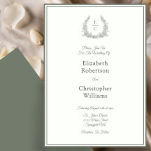 Monogram Crest Ivory and Green Wedding Invitation
