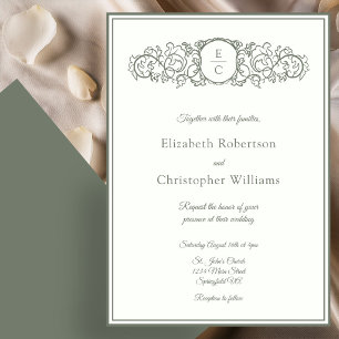 Monogram Crest ivory and Green Wedding Invitation