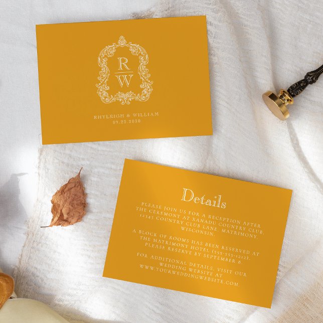 Monogram Crest Marigold Yellow Wedding Details Enclosure Card (Creator Uploaded)