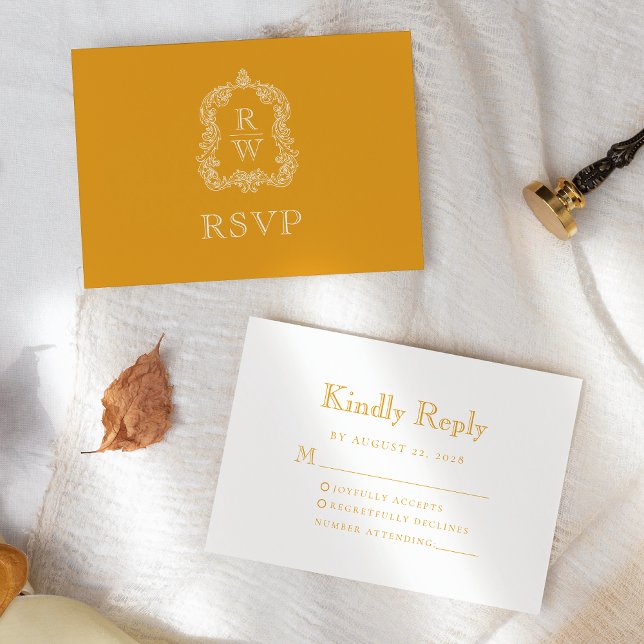 Monogram Crest Marigold Yellow Wedding RSVP Card (Creator Uploaded)