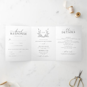 Monogram Crest Modern Minimalist Wedding Photo Tri-Fold Invitation