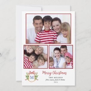 Monogram Crest Multiple photo Christmas Greetings Holiday Card