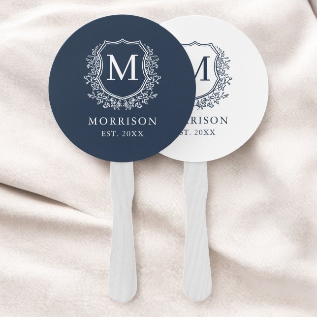 Monogram Crest Navy Blue Botanical Wedding  Hand Fan (Creator Uploaded)