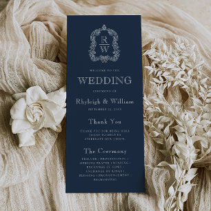 Monogram Crest Navy Blue Wedding Program