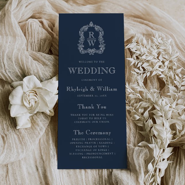 Monogram Crest Navy Blue Wedding Program (Creator Uploaded)