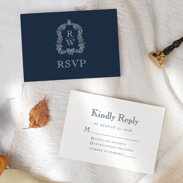 Monogram Crest Navy Blue Wedding RSVP Card (Creator Uploaded)