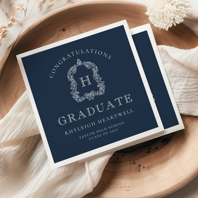 Monogram Crest Navy Blue White Graduation Party Napkin (Creator Uploaded)