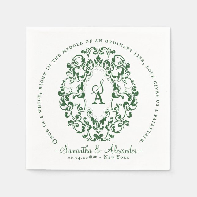 Monogram Crest Old Print Emerald Green Wedding Napkin (Front)