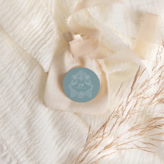 Monogram Crest Ornament Dusty Blue Wedding Classic Round Sticker (Creator Uploaded)