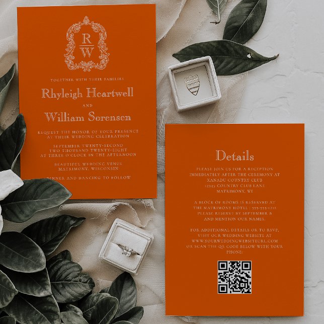 Monogram Crest Persimmon Orange QR Code Wedding Invitation (Creator Uploaded)