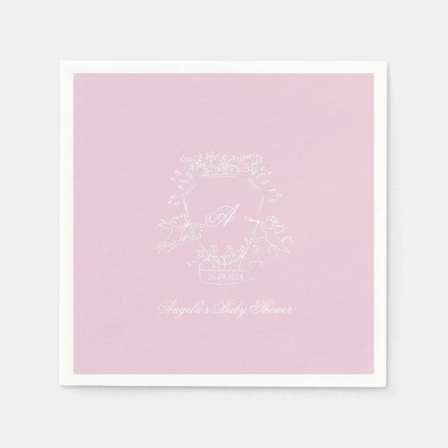 Monogram Crest Pink Baby Shower Paper Napkin (Front)