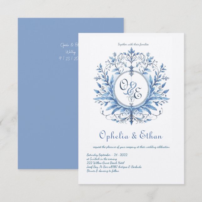 Monogram Crest Rococo Blue wedding Invitation (Front/Back)