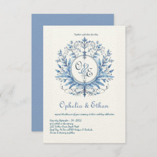 Monogram Crest Rococo Blue wedding Invitation