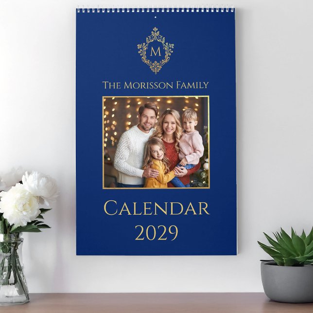 Monogram & Crest Royal Blue Faux Gold Family Photo Calendar (Creator Uploaded)