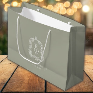 Monogram Crest Sage Green Wedding Large Gift Bag