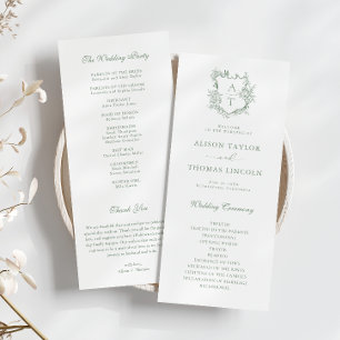 Monogram Crest Sage Green Wedding Program Card