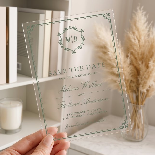 Monogram Crest Sage Green Wedding Save the Date Acrylic Invitations (Creator Uploaded)