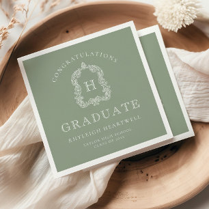 Monogram Crest Sage Green White Graduation Party Napkin