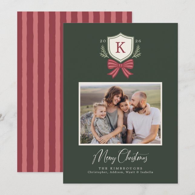 Monogram Crest Striped Bow Photo Christmas Card (Front/Back)