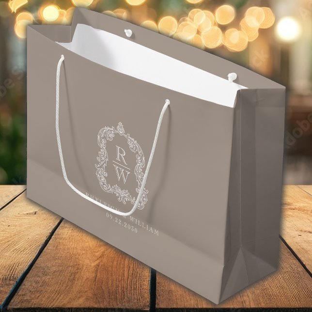 Monogram Crest Taupe Wedding Large Gift Bag (Creator Uploaded)