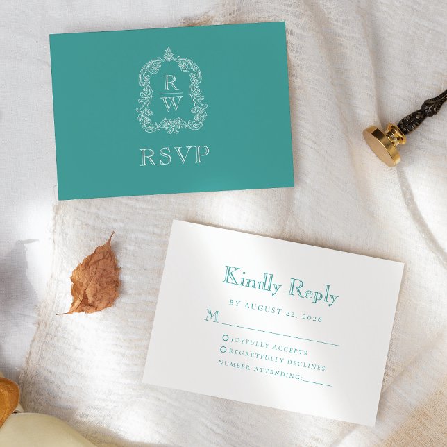 Monogram Crest Turquoise Wedding RSVP Card (Creator Uploaded)