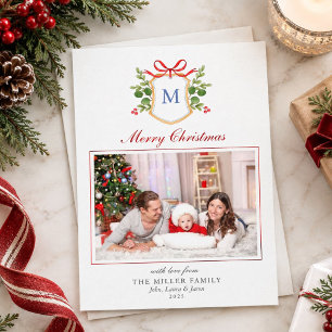 Monogram Crest with greenery Christmas Holiday  Card