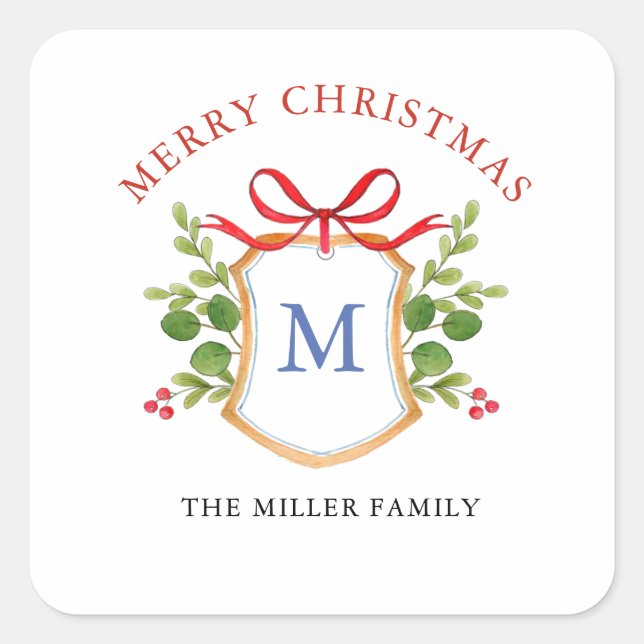 Monogram Crest with greenery Holidays Square Sticker (Front)