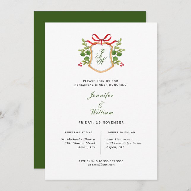 Monogram Crest with greenery Rehearsal Dinner Announcement (Front/Back)