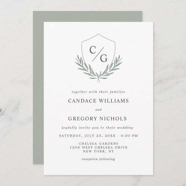 Monogram Crest with Olive Branches Wedding Invitation (Front/Back)