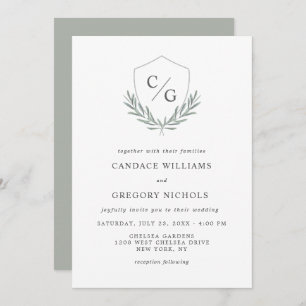 Monogram Crest with Olive Branches Wedding Invitation