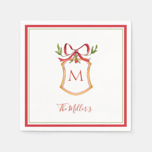 Monogram Crest with red bow Holiday Napkin