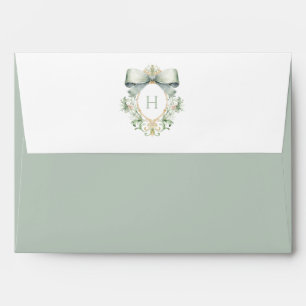 Monogram Crest with Sage Green Bow Wedding Envelope