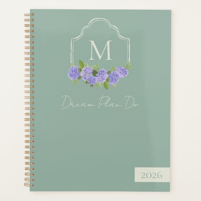 Monogram Crest with Watercolor Purple Hydrangea Planner (Front)