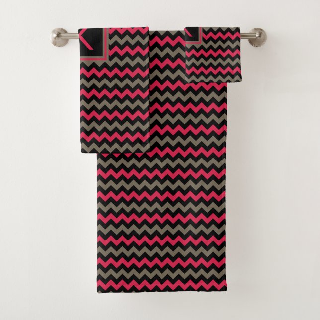 Monogram Crimson Brown Black Chevron Pattern Bath Towel Set (Insitu)