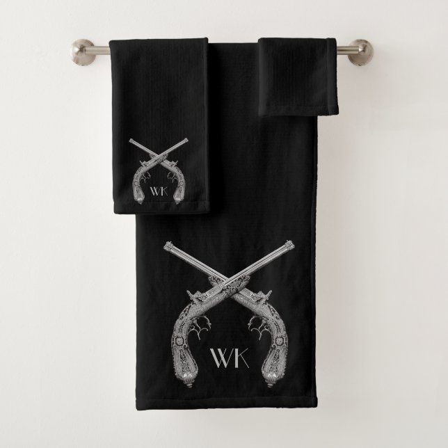 Monogram Crossed Pistols Black Bath Towel Set (Insitu)