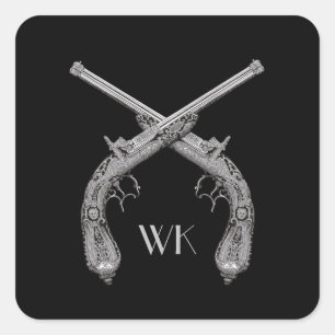 Monogram Crossed Pistols Black Square Sticker