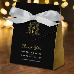 Monogram crown crest black gold thank you wedding favour box