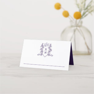 Monogram crown crest white purple wedding place card
