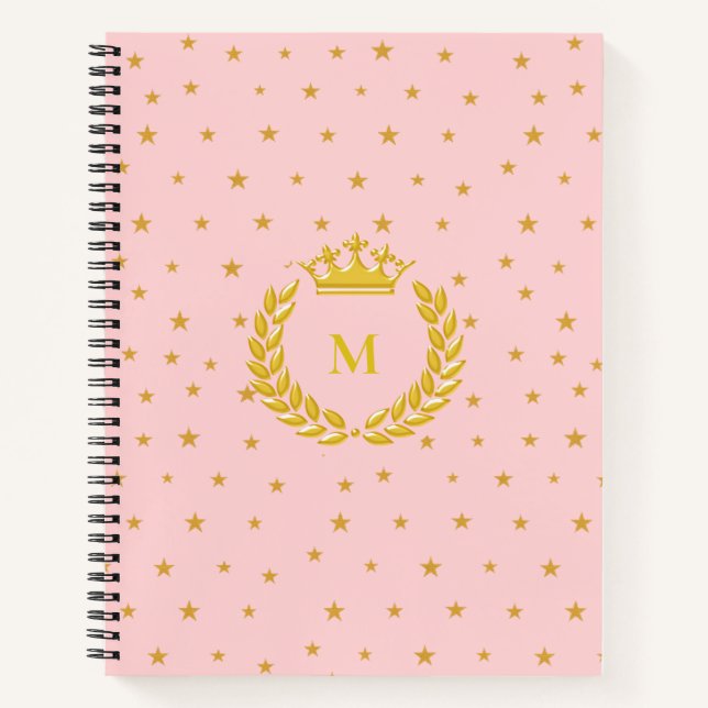 Monogram, Crown, Laurel & Gold stars on Light Pink Notebook (Front)