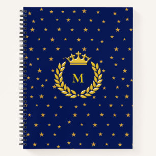 Monogram, Crown, Laurel & Gold stars on Navy Blue Notebook