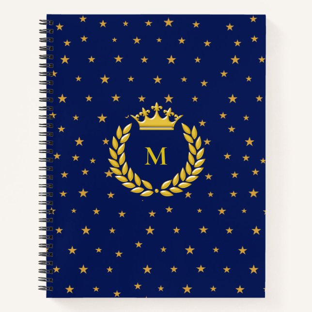 Monogram, Crown, Laurel & Gold stars on Navy Blue Notebook (Front)