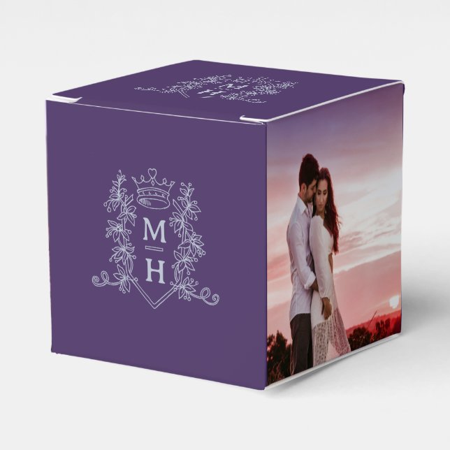 Monogram crown purple silver grey photo wedding favour box (Front Side)