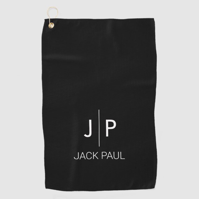 Monogram custom black white stylish modern classic golf towel (Front)