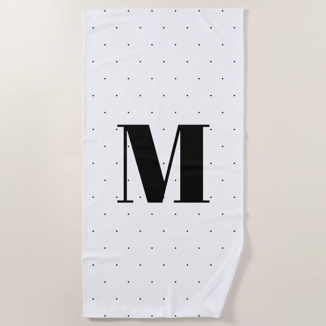 Monogram custom black white tiny polka dots beach towel (Front)