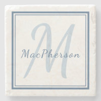 Monogram Custom Blue Text Marble Stone Coaster