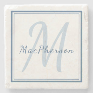 Monogram Custom Blue Text Marble Stone Coaster