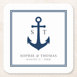 Monogram Custom Border and Anchor Colour Nautical Square Paper Coaster
