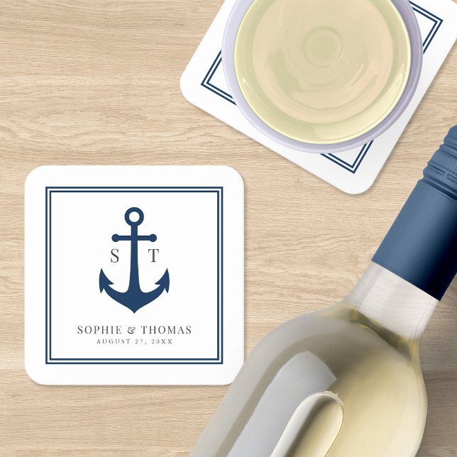 Monogram Custom Border and Anchor Colour Nautical Square Paper Coaster (Creator Uploaded)