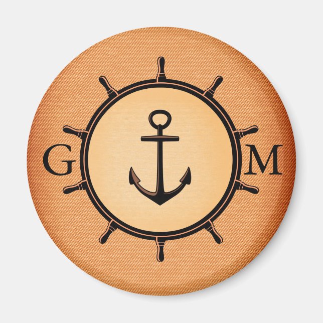 Monogram Custom Brass Nautical Wheel and Anchor Magnet (Front)
