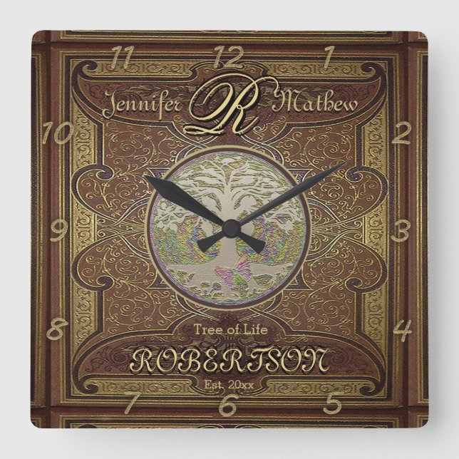 Monogram Custom Family Tree Anniversary Square Wall Clock (Front)